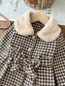 SHEIN 女婴6个月-3岁外套，两件套，优雅日常风，适合冬季穿着，抓绒领装饰长袖千鸟格外套及腰带 - 棕色 - 查看 7