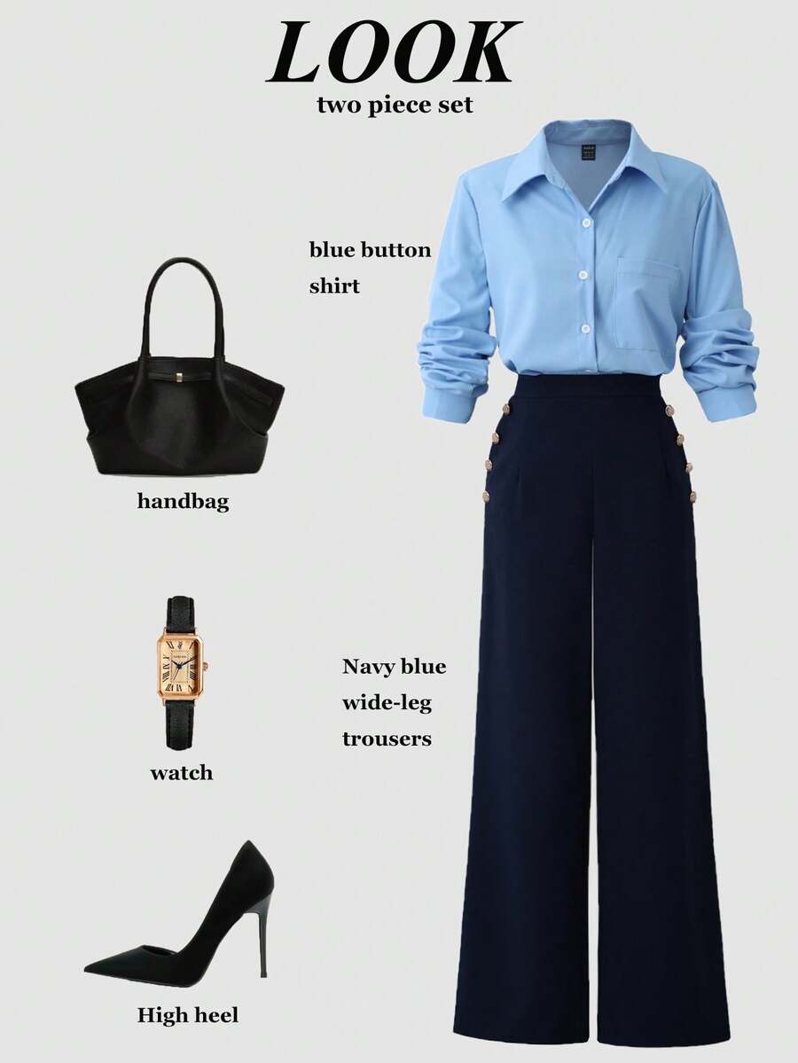 Franclia 女士休闲基础款衬衫（天蓝色）+修身金属纽扣装饰阔腿裤（藏蓝色），两件套通勤装 - 藏蓝色 - 查看 1