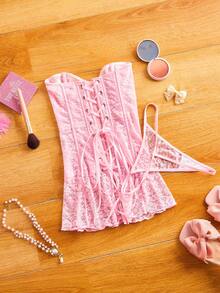 Spicy Aura Babydoll Lingerie Set, Lace Trim Princess Style Bralette And Panty, Pink - Pink - View 9
