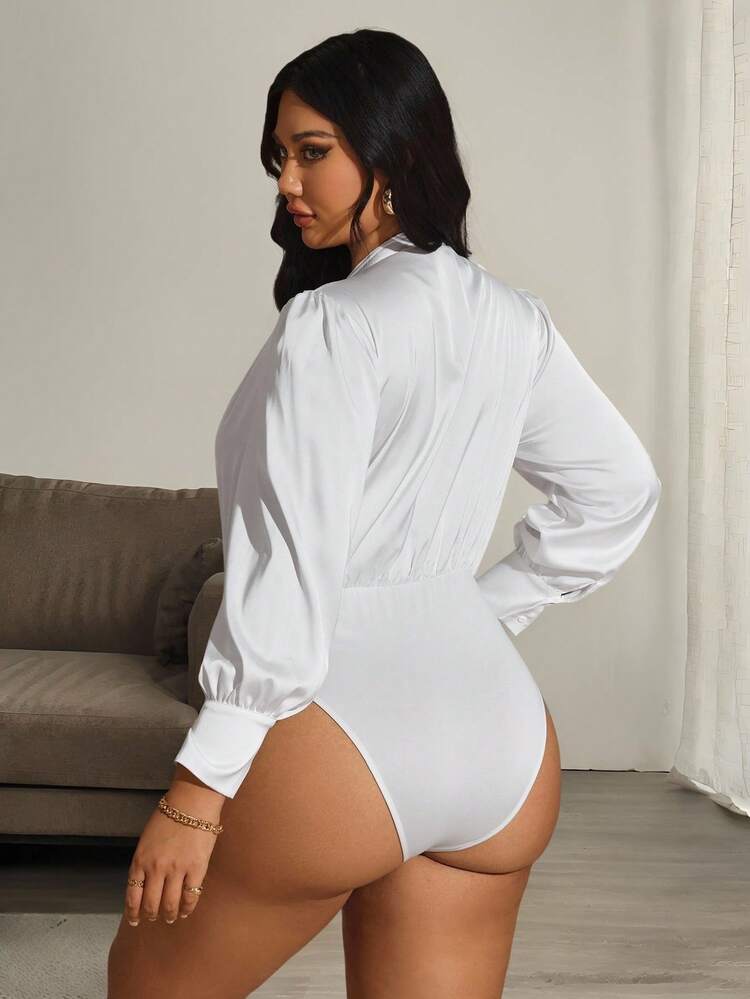 Hourglow Plus Size Elegant Solid Color Lantern Sleeve Bodysuit/Autumn /Winter - White - View 6