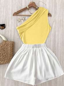 EMERY ROSE Casual Chic Commuting High Elasticity Solid Brown Pleated Shoulder Top And White Elastic Waist Pants Set - Yellow - View 2