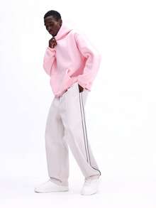 SUMWON Straight Fit Pants With Pintucks Black Piping Detail Relaxed Casual Trousers Fall Winter Streetwear - Apricot - View 3