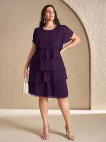 Chikora Gaun Ukuran Besar Elegan Warna Polos dengan Hem Berlapis dan Rumbai, Musim Panas - Purple - View 5