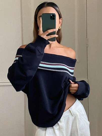 DAZY 女士休闲撞色条纹露肩长袖卫衣，街头风，春秋Y2K风格