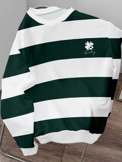 Manfinity Dauomo Sweat-shirt homme, imprimé trèfle à quatre feuilles, rayures contrastées, cadeau idéal pour la Saint-Patrick, collection automne-hiver 2025, col rond, manches longues, style à la mode, jeune, simple et polyvalent, sweat-shirt casual pour homme, cadeau idéal pour la Saint-Valentin, Noël, le Nouvel An, un anniversaire ou pour votre copain.