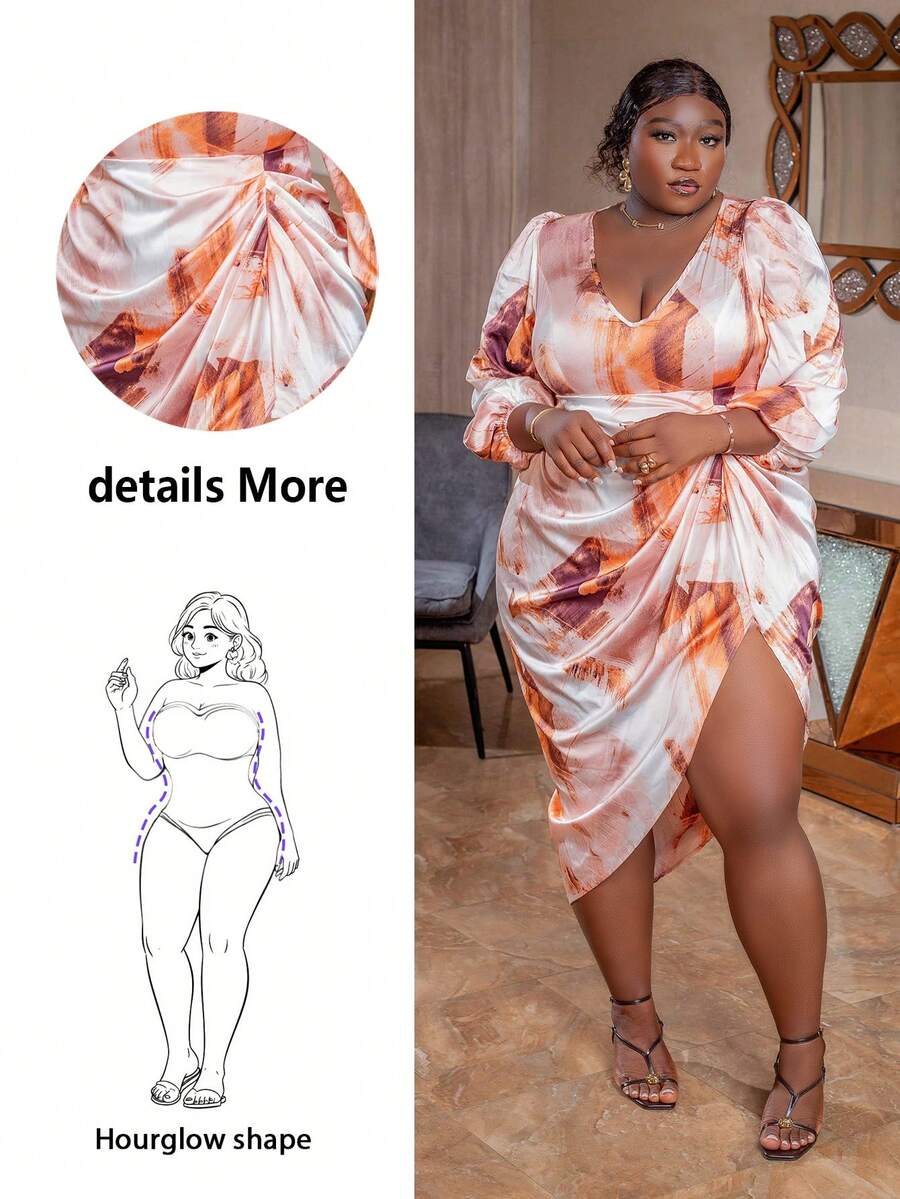 CurvyTilda 大码女式休闲V领长袖束腰连衣裙/秋冬 - 彩色 - 查看 1