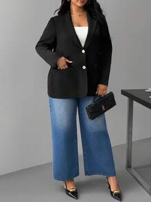 Hourglow Allicaitlin Plus Size Casual Versatile Solid Color Blazer In Fall/Winter, For Hourglass Body Shape - Black - View 4