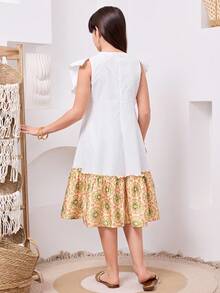 Tween Girl Elegant Crew Neck Pattern Ruffle Hem Sleeveless Dress - White - View 3