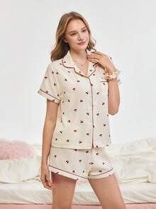 Bonmuse 2pcs/Set Women Cherry Print Pajama Set, Short Sleeve Button Shirt And Shorts, Summer Casual Loungewear - Beige - View 6