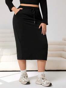 Solflare Plus Size Women's Black Casual Drawstring Waist Side Pocket Straight A-Line Skirt Fall - Black - View 4
