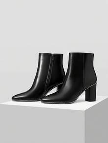 MOTF 女式时尚珠饰尖头侧拉链高跟中筒靴 - 黑色 - 查看 4