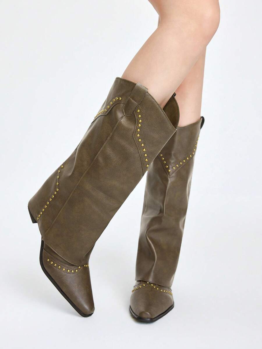 ROMWE Grunge Punk Rivet Retro High-Top Boots For Women With French Style, Versatile Western Knight Boots For Shorter Legs - Khaki - View 1
