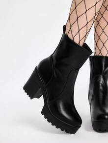 ROMWE Grunge Punk Fall/Winter Minimalist Chunky Classic Boots, Ideal With Pants Women's Black Fashion Boots Match With Leggings,Boots For Women - Black - View 3