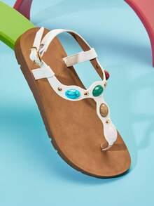 Mini mi #BohoKids صنادل بيضاء مزينة بأحجار متعددة للبنات من جلد نباتي، خفيفة الوزن وأنيقة مثالية للمرح الصيفي - أبيض - مشاهدة 3