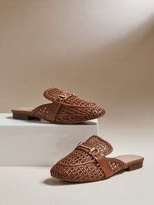 SHUZIA #OldMoney Women's Square Toe Pu Brown Woven Mary Jane Flats – Classic Coastal Chic & Breezy Summer Comfort Valentine's Day - Maroon - View 1