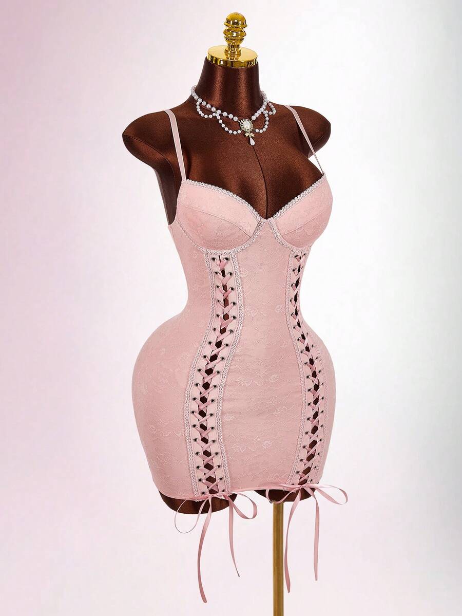 Amplova Women's Sexy Romantic Retro Tie-Up Mini Dress With Built-In Chest Pad, Spaghetti Strap Bodycon Mini Dress, Suitable For Autumn/Winter, Halloween, Christmas, New Year Party, Valentine's Day Date - Multicolor - View 1