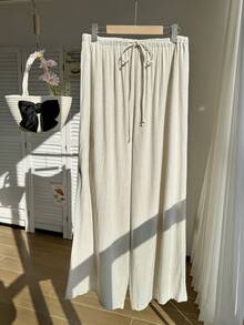 Comfortcana 大码休闲宽松亚麻抽绳裤 - 杏色 - 查看 4