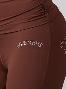 Missguided x Playboy 高腰阔腿喇叭裤，翻折腰带，饰有品牌标志印花，女士休闲日常穿着 - 咖啡棕 - 查看 4