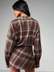 MISSGUIDED Plaid Button Down Shirt Dress Mini Long Sleeve Collared Checkered Fall Winter Casual Day Asymmetric Hem - Multicolor - View 2