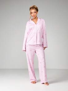 MISSGUIDED Women Striped Button Front Long Sleeve Pajama Set With Bow Print And Collared Shirt Lounge Sleepwear