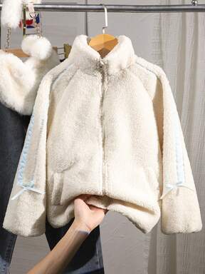 SHEIN 女の子用カジュアルベージュファジージャケット リボン装飾、通勤にも使えるバーサタイル