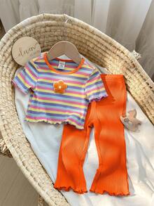 SHEIN Bộ đồ liền thân tay ngắn kẻ sọc nhiều màu sắc dễ thương cho bé gái mùa hè và quần cạp chun - trái cam - Xem 6