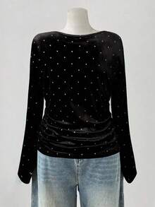 SHEIN LUNE 大码女式感恩节休闲圆领长袖T恤，圣诞节复古新年条纹T恤，秋季旅行黑色圆领亮面长袖束腰T恤，节日派对T恤，水钻上衣，铆钉上衣，哥特风上衣，牛仔上衣，宗教主题女式衬衫 - 黑色 - 查看 2