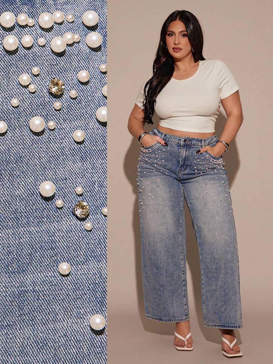 Slaydiva Quần jean ống rộng thời trang dáng rộng túi đính ngọc trai giả cỡ lớn cho nữ - Màu xanh lam - Xem 1