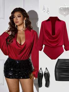 Femmeverse 大码女士时尚优雅浪漫垂褶深V领连体衣，红色，情人节款 - 酒紅色 - 查看 1