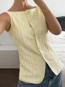 Siren Gaze Women's Simple Textured Front Button Square Collar Sleeveless Shirt, Summer Casual - Yellow - View 4