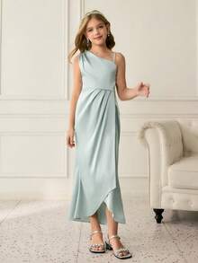 Váy dài satin một vai không đối xứng, viền trước ngắn sau dài, thích hợp cho bé gái rải hoa, đám cưới, dạ hội, tiệc sinh nhật, Giáng sinh, ngày lễ tình nhân - màu xanh lá - Xem 3