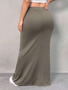 SHEIN SXY Váy chữ A lưng thun màu trơn cỡ lớn cho nữ, thường ngày, thu/đông - Màu nâu Sô-cô-la - Xem 2