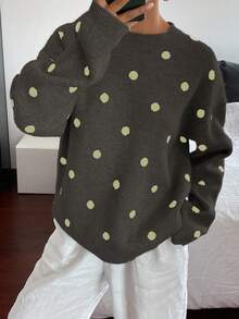 Livesso Áo len dệt kim chấm bi dáng rộng thoải mái cho nữ, phù hợp mặc công sở vào mùa thu đông - Màu nâu  Mocha - Xem 3