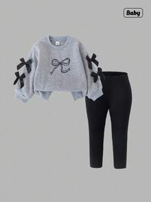 Sweetra 女婴幼儿新生儿0-3岁休闲日常百搭宽松蝴蝶羊毛圆领长袖卫衣+打底裤套装，秋冬 - 灰色 - 查看 1