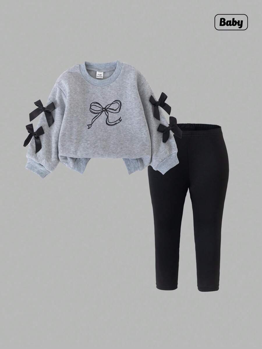 Sweetra 女婴幼儿新生儿0-3岁休闲日常百搭宽松蝴蝶羊毛圆领长袖卫衣+打底裤套装，秋冬 - 灰色 - 查看 1