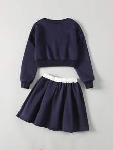 Ontre 2件套青少年女孩数字印花圆领运动衫和百褶裙套装 - 藏蓝色 - 查看 2