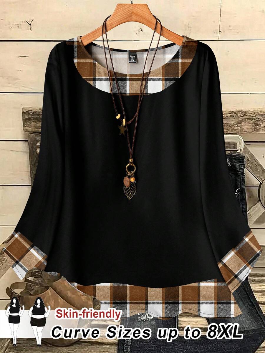 SHEIN CURVE+ 大码女装秋冬浪漫休闲全格纹撞色印花圆领宽松七分袖衬衫，黑色/2026/新年 - 黑色 - 查看 1