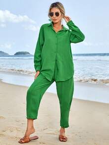 EURMUSE Drop Shoulder Shirt & Trousers - Green - View 4