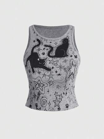 Kawaii Débardeur court et moulant pour femmes avec imprimé mignon de chat et d'étoiles dessinés à la main, style sous-culture Y2K