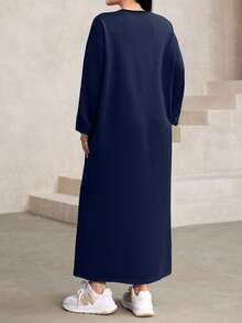 Modelyn Sudadera holgada de cuello redondo con cordón decorativo, talla grande, color marrón, para otoño/invierno - Azul Marino - Ver 2