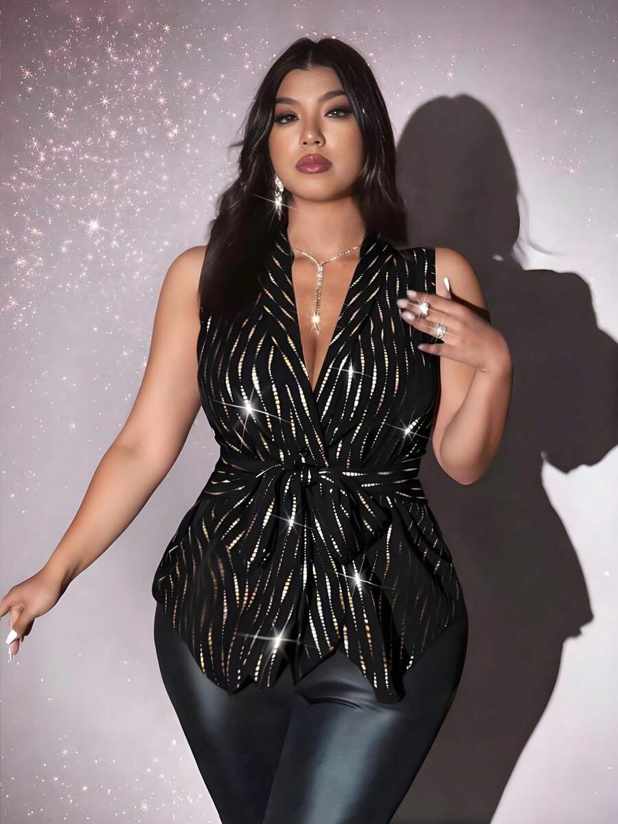 Viva Relle Women's Plus Size Elegant Shiny Hot Stamping V-Neck Sleeveless Blouse,Black And Gold,Summer,70's,Night Out Club,Party,Christmas,Valentine's Day Top - Multicolor - View 1