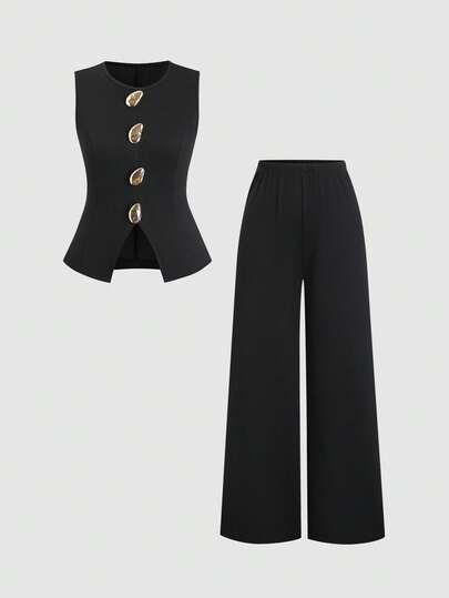 Sweetra مجموعة ملابس علوية بدون أكمام مزينة بأزرار معدنية سوداء وبنطلون ساق واسعة مستقيمة، موضة الخريف/الشتاء، مناسبة للذهاب إلى العمل، للمعلمات، الجامعة، الطراز الكلاسيكي، الفاخر، الأنيق، متعددة الاستخدامات