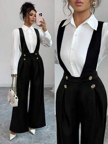 Lyxana 女士春季新款时尚高端休闲衬衫，通勤减龄连体裤配背带裤，两件套 - 黑與白 - 查看 1