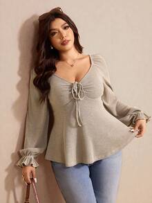 Elaquor Plus Size Women Solid Color Front Tie Flare Sleeve Ribbed Fashionable T-Shirt Tie Front Top - Apricot - View 5