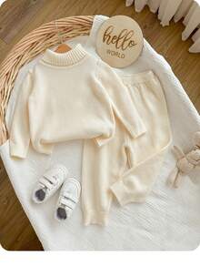 SHEIN 2pcs/Set Baby Boy/Girl Apricot All-Match Versatile Loose Fit Soft Comfortable Turtleneck Sweater And Pants Set, Suitable For Spring, Autumn And Winter - Apricot - View 5
