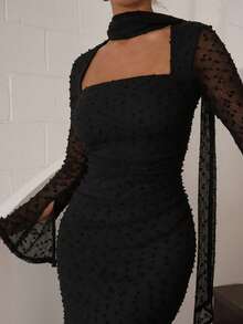 Modelyn 女士纯色方领薄纱长袖连衣裙 - 黑色 - 查看 6