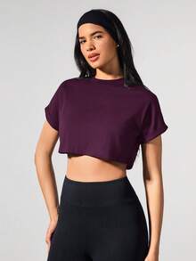 Fluxe 纯色针织圆领宽松短款休闲女式T恤，夏季、春季女装，适合派对、海滩度假、毕业典礼、外出、生日、假期、假日、休闲、运动、健身等场合，紫色上衣 - 紫色 - 查看 2