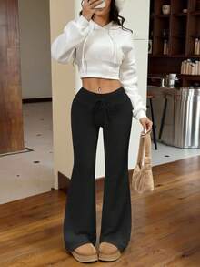 Muchica 女士休闲纯色抽绳腰喇叭腿针织裤，日常穿着 - 黑色 - 查看 5