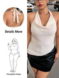 Hourglow Ceceforeign_ Blusa sin mangas de cuello drapeado de tela texturizada y unicolor, versátil para el verano con espalda descubierta, para silueta de reloj de en tallas grandes