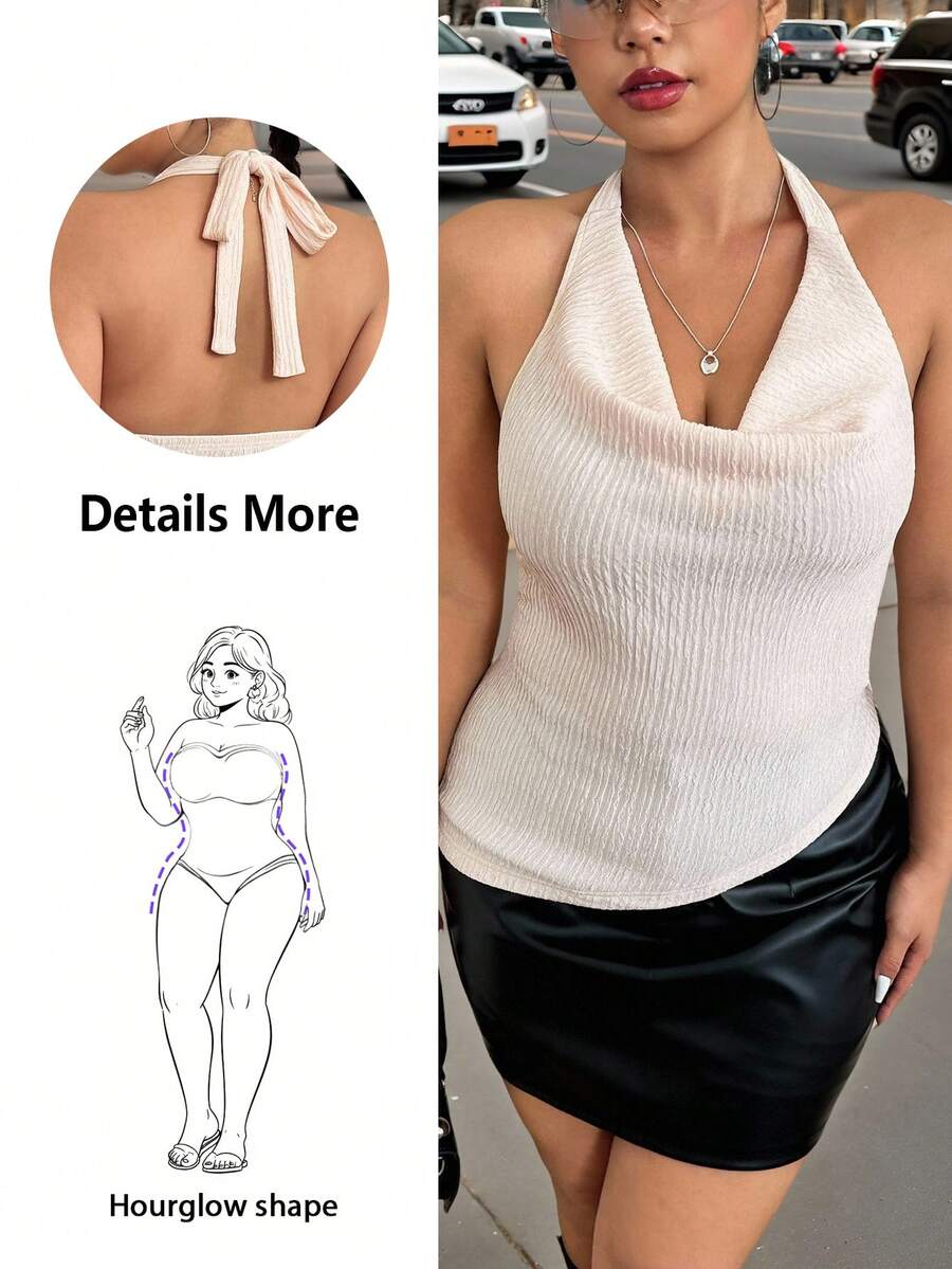 Hourglow Ceceforeign_ Plus Size Women Solid Color Draped Neck Sleeveless Textured Fabric Versatile Summer Halter Backless Halter Top, For Hourglass Body Shape - Apricot - View 1